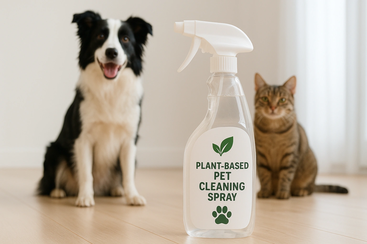 Happy dog and cat on a clean floor with a bottle of non-toxic, plant-based pet cleaning product in the foreground, illustrating safe and effective home cleaning for pets.