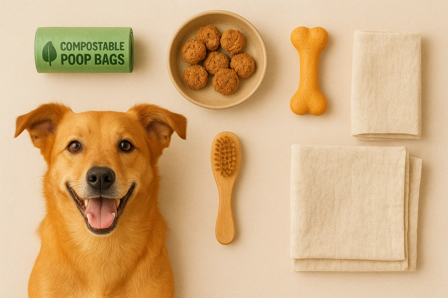 Happy dog with zero waste pet care items including compostable bags, DIY treats, natural rubber toy, bamboo brush, and reusable cloths, illustrating sustainable dog care.