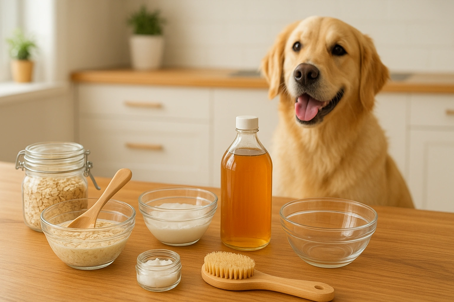 Homemade DIY eco pet grooming setup with natural ingredients like oatmeal, coconut oil, and apple cider vinegar, ready to make safe and gentle pet care products.