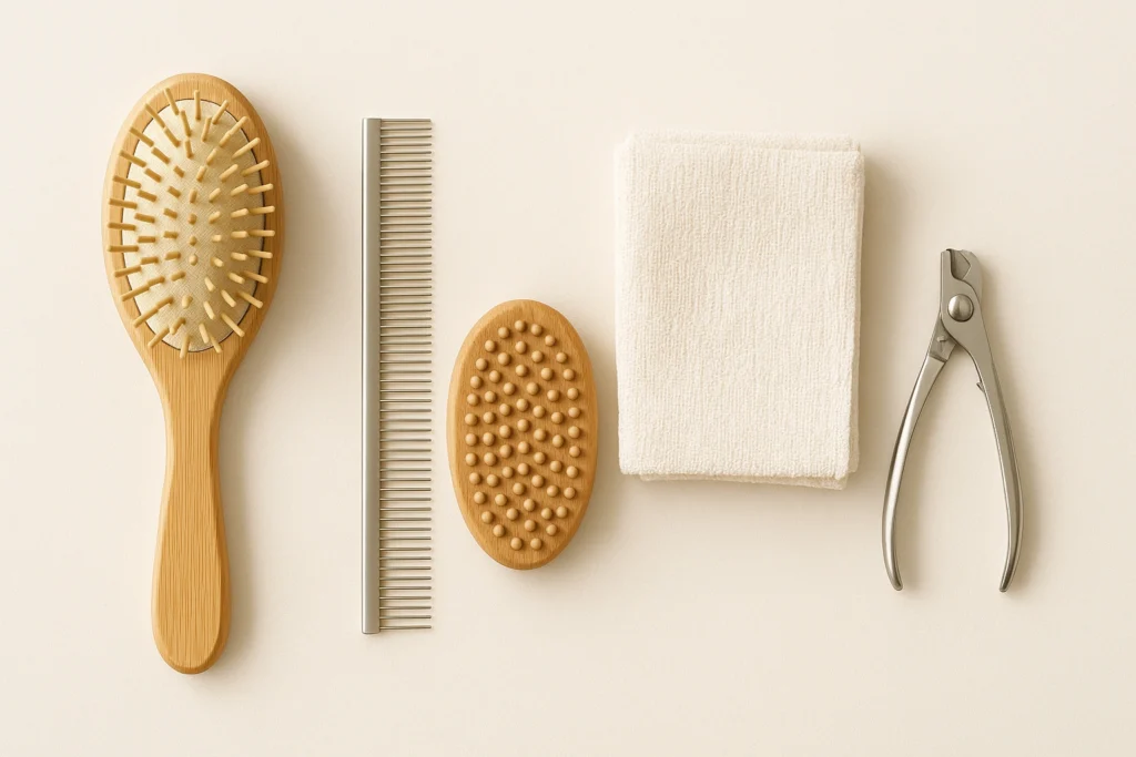 Image of the essential zero waste pet grooming toolkit, featuring a bamboo brush, stainless steel comb, natural rubber curry brush, reusable grooming wipes, and stainless steel nail clippers.