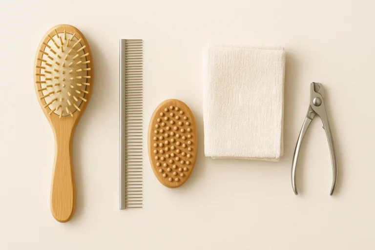 Image of the essential zero waste pet grooming toolkit, featuring a bamboo brush, stainless steel comb, natural rubber curry brush, reusable grooming wipes, and stainless steel nail clippers.