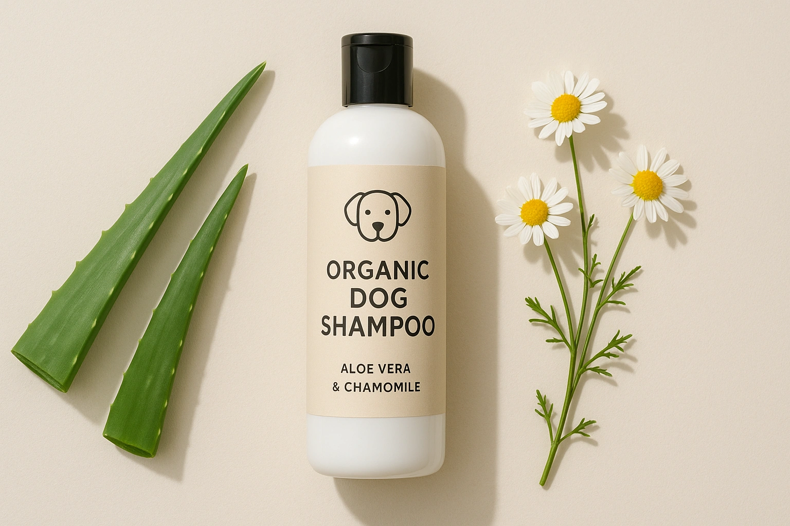 Minimalist bottle of organic dog shampoo surrounded by natural ingredients such as aloe vera and chamomile, representing gentle and natural pet care.