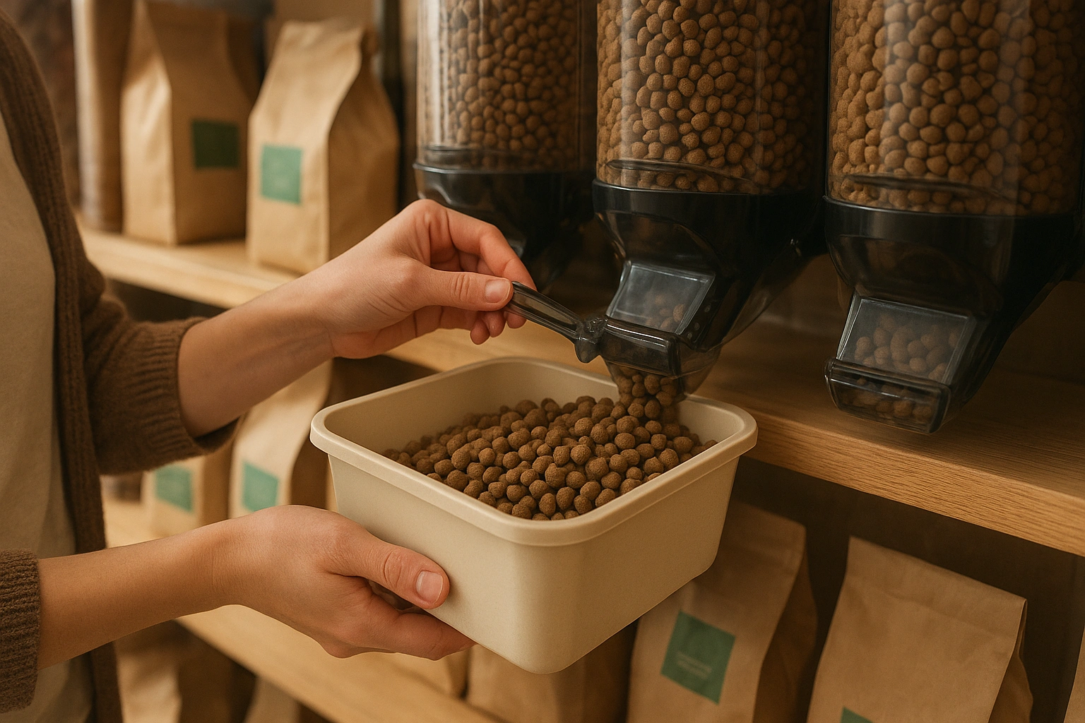 Person filling a reusable container with bulk pet food, demonstrating a sustainable and zero-waste pet care routine.