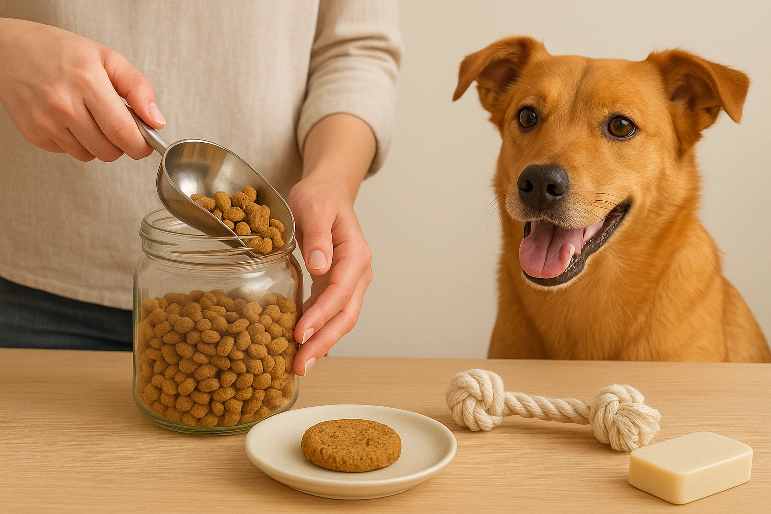 Person setting up a sustainable pet routine with bulk food, homemade dog treats, a DIY rope toy, and a shampoo bar, showing eco-friendly pet care practices.