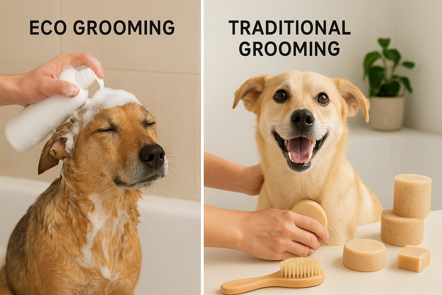 Split image comparing traditional pet grooming with plastic shampoo bottles and eco grooming with natural, package-free shampoo bars and bamboo brushes, highlighting sustainable pet care.