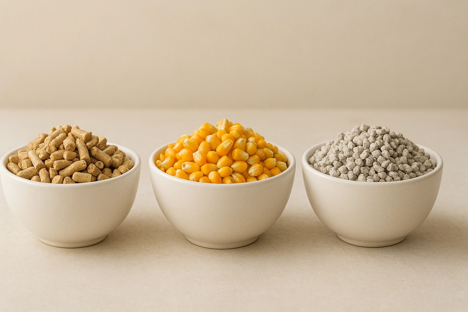 Three separate bowls showing eco-friendly cat litter varieties wood pellets, corn kernels, and recycled paper, highlighting sustainable options for cats.