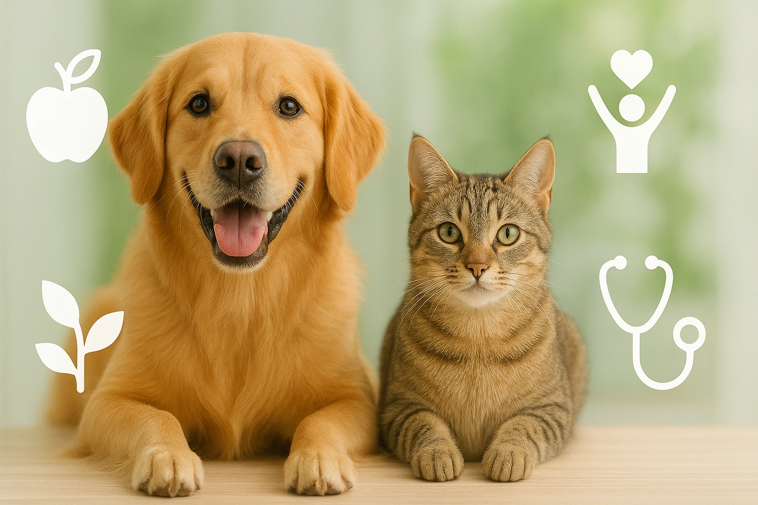 Thumbnail for a guide to natural wellness for pets, showing a happy dog and cat surrounded by icons of holistic health nutrition, fitness, emotional balance, toxin-free environment, and integrative care.