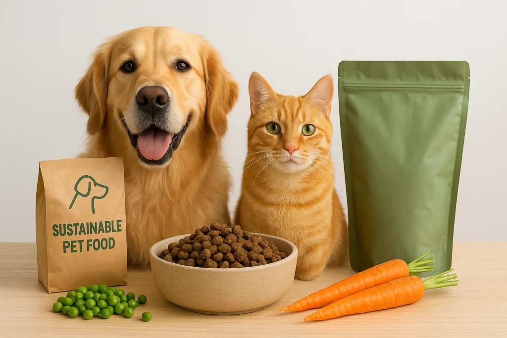 Thumbnail showing a dog and cat beside a bowl of sustainable pet food with fresh vegetables, symbolizing green nutrition for pets and eco-friendly choices.