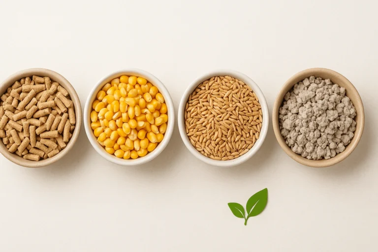 Thumbnail showing four types of eco-friendly cat litter in separate bowls—wood, corn, wheat, and paper—highlighting sustainable and natural alternatives to traditional clay litter.