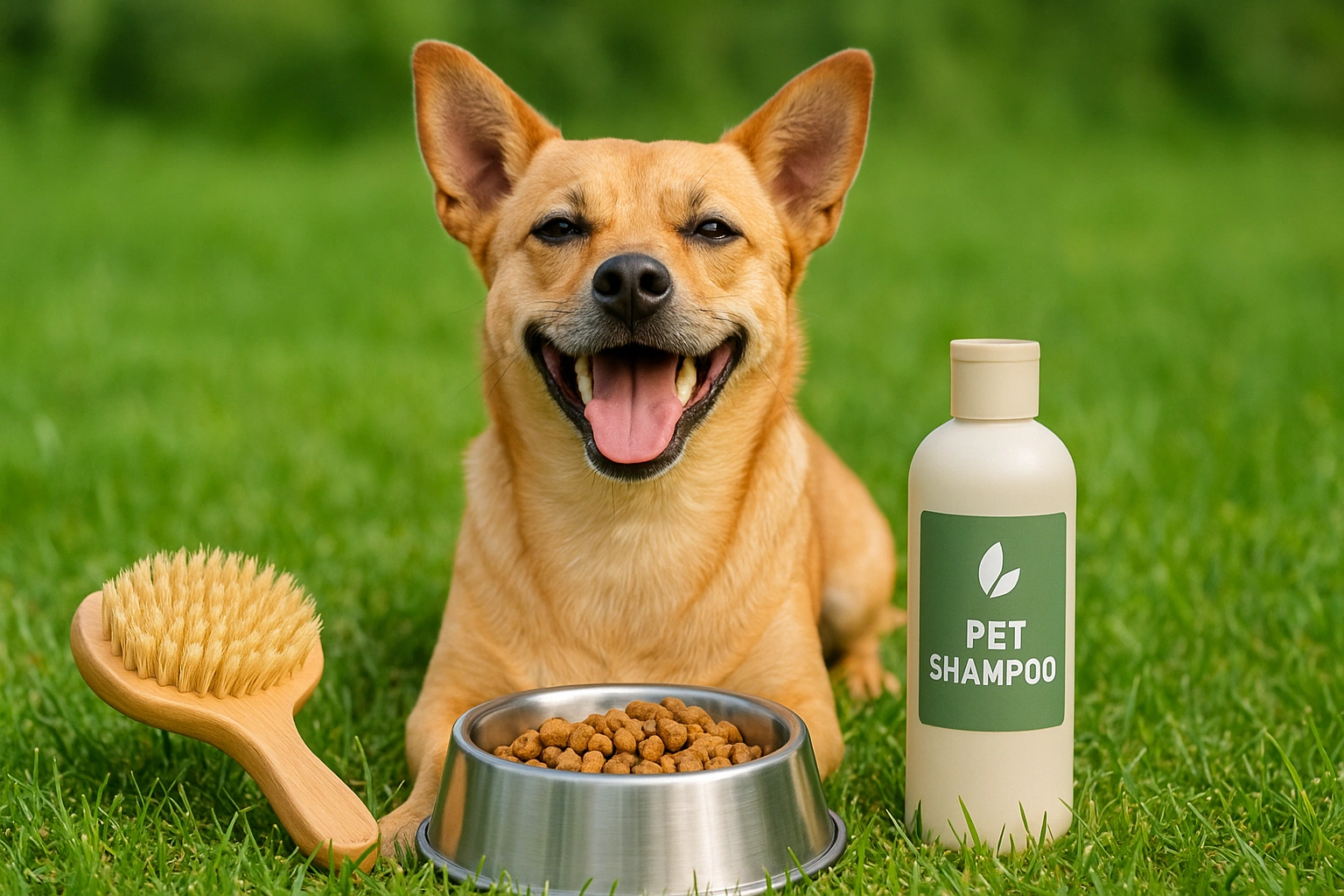 Thumbnail image of a happy dog surrounded by natural, eco-friendly pet wellness essentials such as bamboo brush, organic food bowl, and non-toxic products, symbolizing sustainable pet care for a healthy dog an