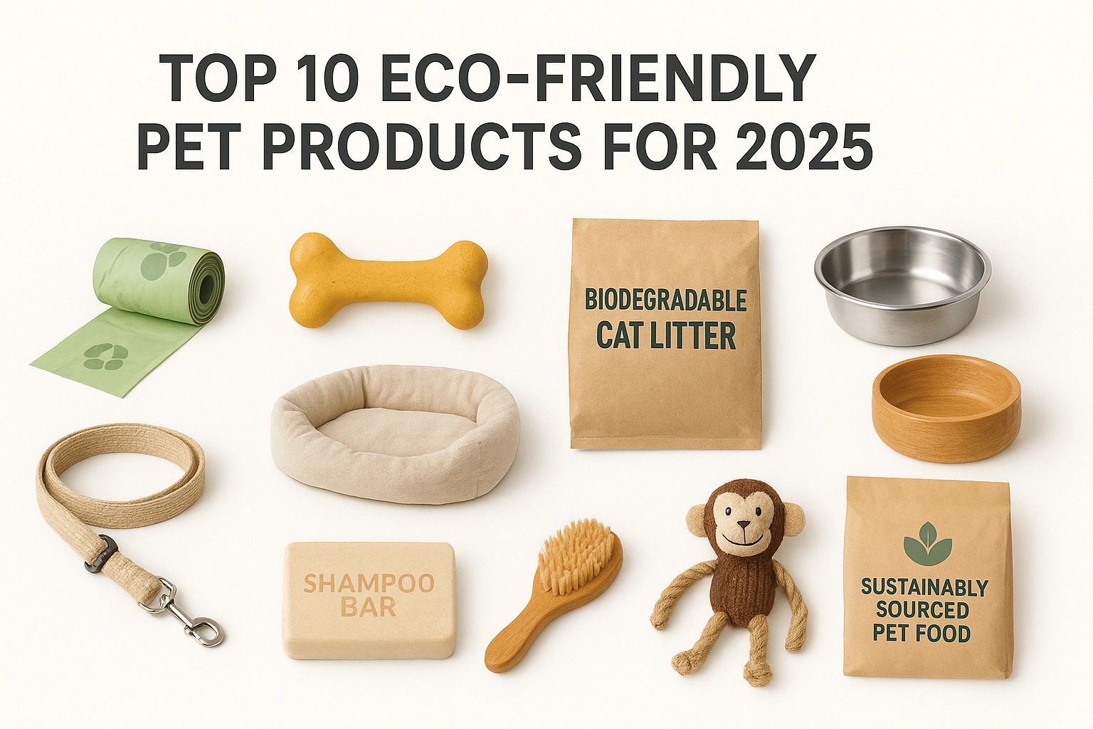 A neatly arranged collection of the top 10 eco-friendly pet products for 2025 compostable poop bags, natural rubber chew toys, biodegradable cat litter, stainless steel and bamboo bowls, hemp collars and leash