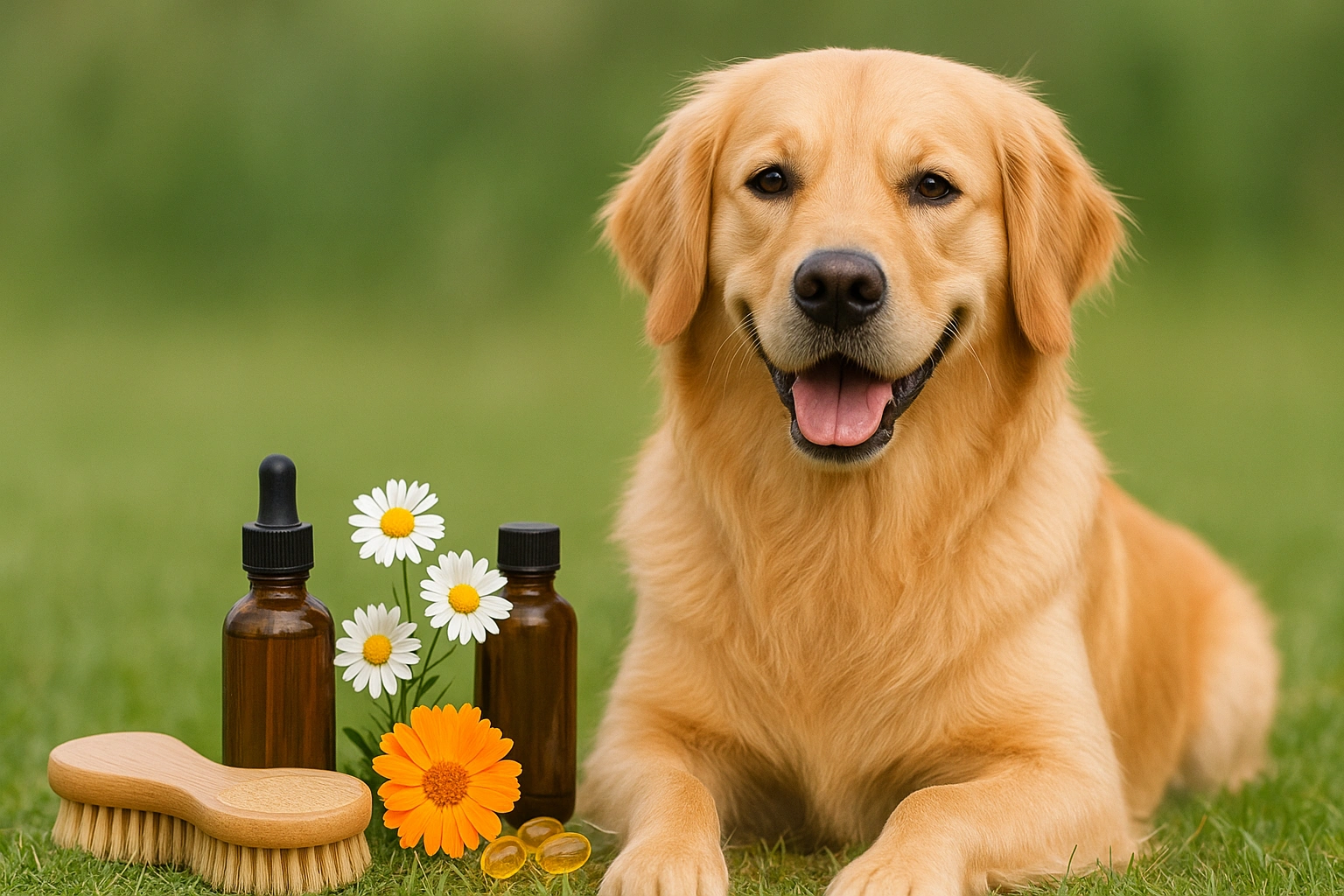 Thumbnail image showing a happy golden retriever sitting calmly on a natural background, surrounded by herbal remedies, supplements, and fresh herbs, representing safe and effective holistic solutions for dogs