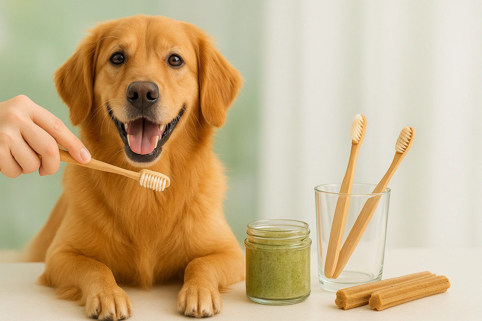 Eco-friendly pet dental care thumbnail showing a dog being brushed with a bamboo toothbrush, surrounded by natural dental care products like herbal toothpaste and eco chews, with a clean and sustainable vibe.