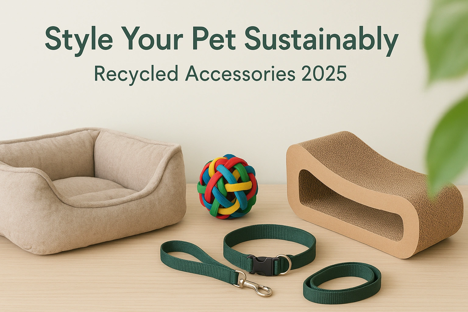 A modern and vibrant thumbnail showing eco-friendly pet accessories made from recycled materials, including a dog bed from plastic bottles, a recycled rubber toy, and a stylish collar, symbolizing sustainable