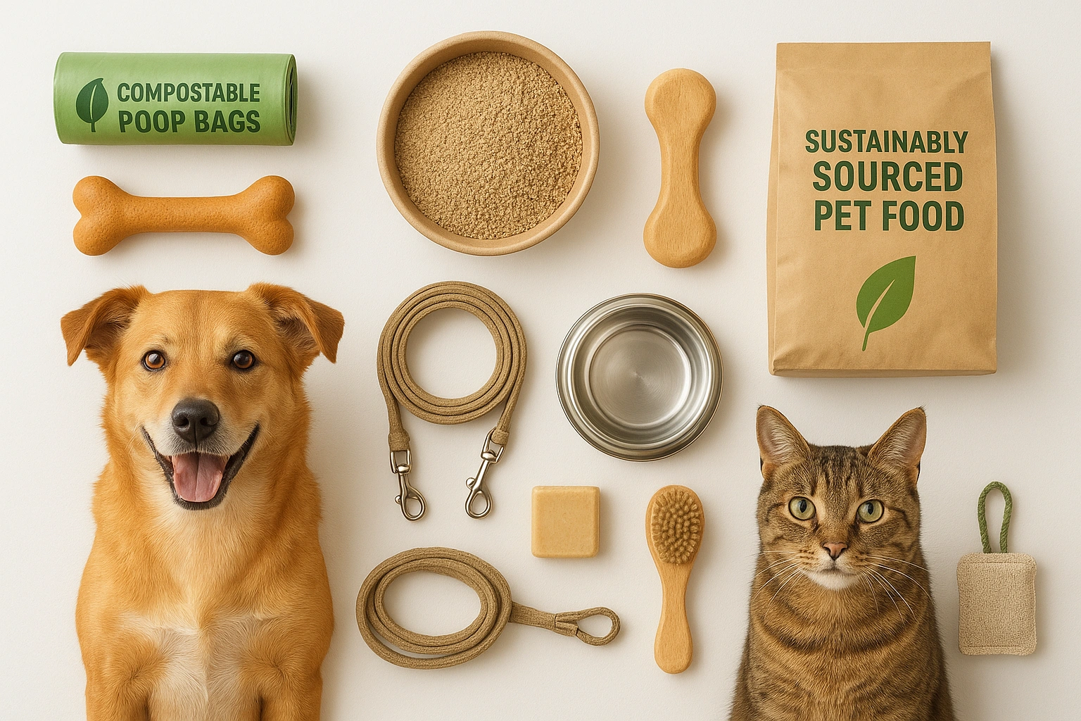 A bright, realistic display of the top 10 eco-friendly pet products for 2025, including compostable poop bags, natural rubber chew toys, biodegradable cat litter, stainless steel and bamboo bowls, hemp collars